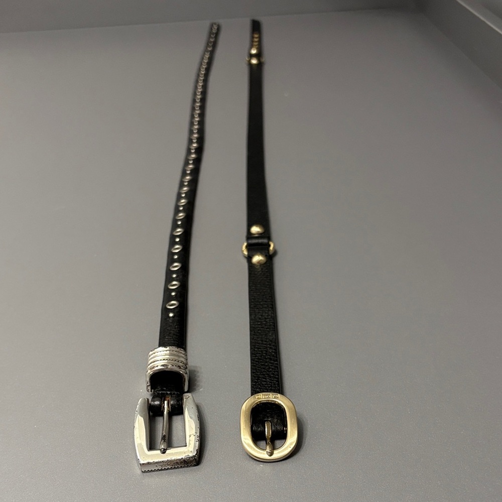 Two Black Leather Belts - One with Silver, One with Gold